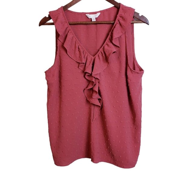 LC Lauren Conrad Tops - 🆑️Lauren Conrad Womens Medium Plunge Neck Ruffle Swiss Dot Blouse Sleeveless